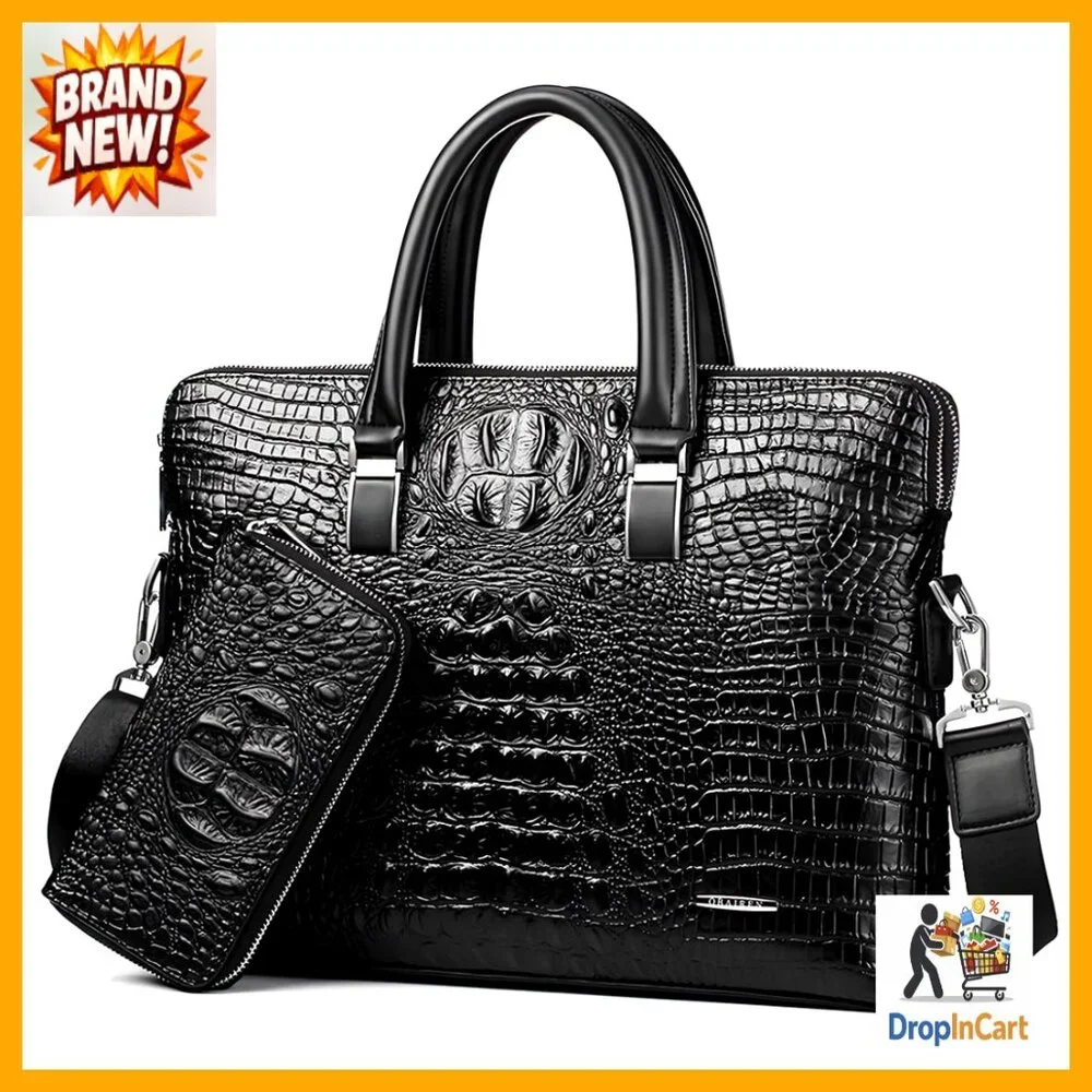 Leather Business Briefcase Classic Crocodile Pattern Handmade Shoulder Bag